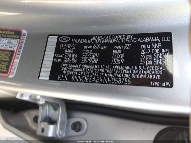 Aukcja sprzedaży 2022 Hyundai Tucson Limited, vin: 5NMJE3AEXNH058755, numer aukcji: 45109696