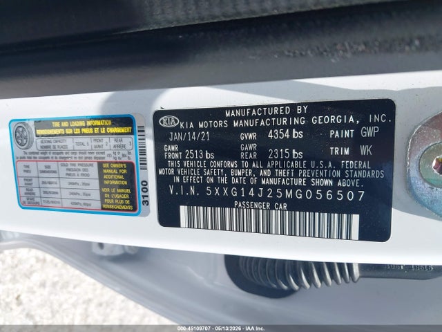 Aukcja sprzedaży 2021 Kia K5 Lxs, vin: 5XXG14J25MG056507, numer aukcji: 45109707