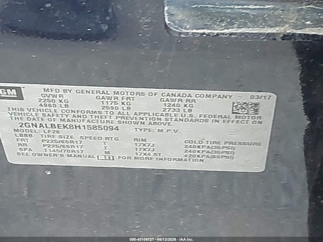 Продаж на аукціоні авто 2017 Chevrolet Equinox Ls, vin: 2GNALBEK8H1585094, номер лоту: 45109731