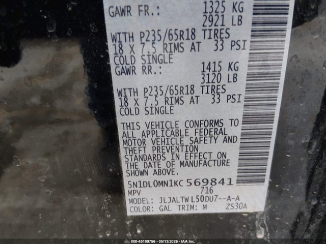 45109756 :رقم المزاد ، 5N1DL0MN1KC569841 vin ، 2019 Infiniti Qx60 Luxe مزاد بيع
