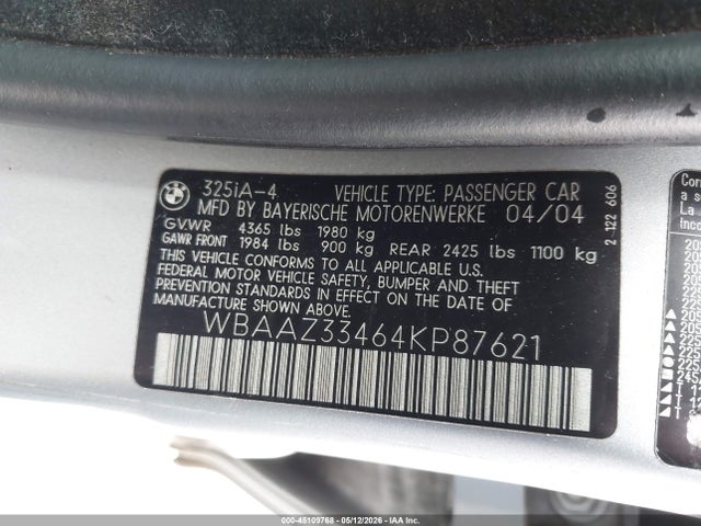 2004 Bmw 325i მანქანა იყიდება აუქციონზე, vin: WBAAZ33464KP87621, აუქციონის ნომერი: 45109768
