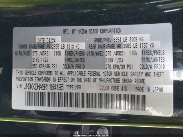 45109800 :رقم المزاد ، JM3KKDHA8R1164196 vin ، 2024 Mazda Cx-90 Phev Premium مزاد بيع