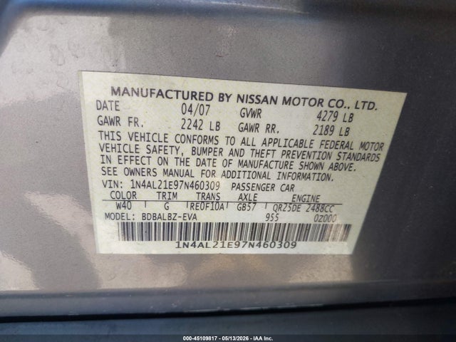 Aukcja sprzedaży 2007 Nissan Altima 2.5 S, vin: 1N4AL21E97N460309, numer aukcji: 45109817