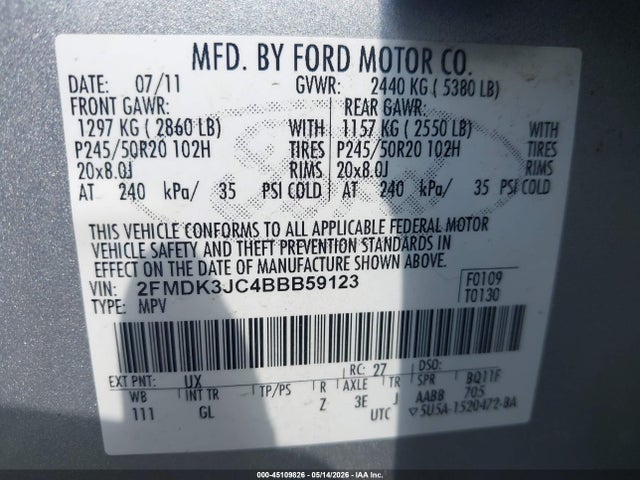 Продаж на аукціоні авто 2011 Ford Edge Sel, vin: 2FMDK3JC4BBB59123, номер лоту: 45109826