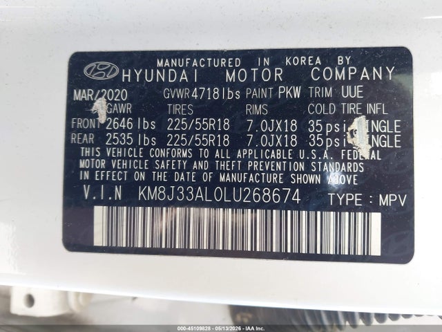 2020 Hyundai Tucson Sel მანქანა იყიდება აუქციონზე, vin: KM8J33AL0LU268674, აუქციონის ნომერი: 45109828