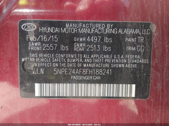 Aukcja sprzedaży 2015 Hyundai Sonata Se, vin: 5NPE24AF8FH188241, numer aukcji: 45109839
