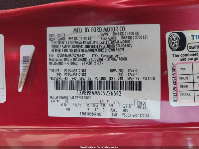 2012 Ford Mustang V6 Premium მანქანა იყიდება აუქციონზე, vin: 1ZVBP8AM5C5226642, აუქციონის ნომერი: 45109849