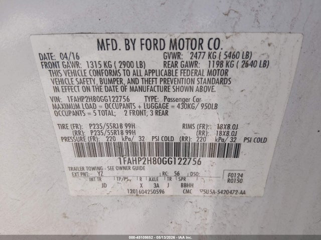 1FAHP2H80GG122756 Ford TAURUS SEL