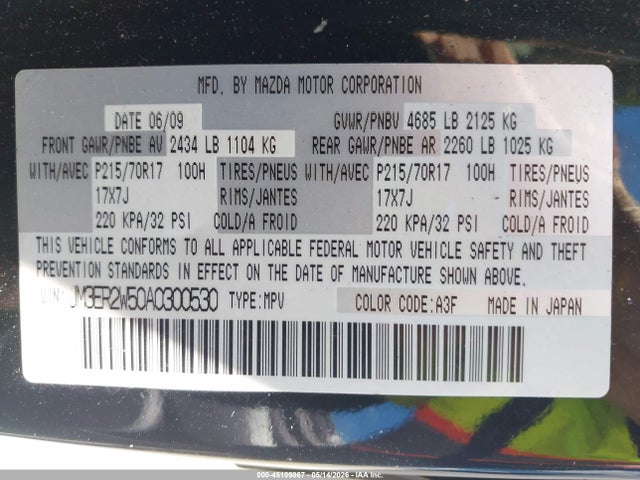 45109867 :رقم المزاد ، JM3ER2W50A0300530 vin ، 2010 Mazda Cx-7 I Sport مزاد بيع