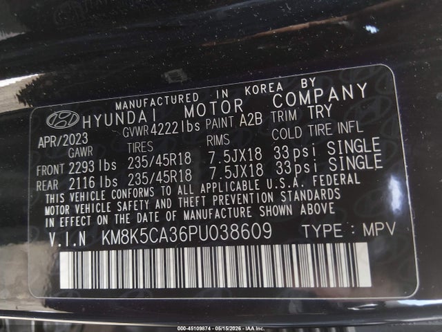 45109874 :رقم المزاد ، KM8K5CA36PU038609 vin ، 2023 Hyundai Kona Limited مزاد بيع