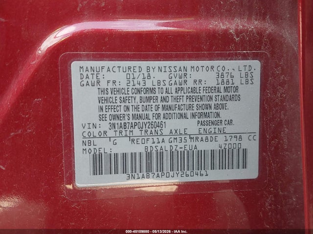 Продаж на аукціоні авто 2018 Nissan Sentra Sv, vin: 3N1AB7AP0JY260461, номер лоту: 45109880