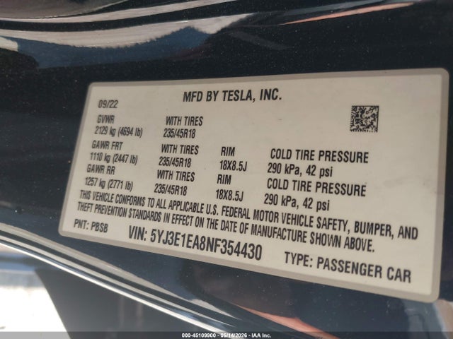 Tesla Model 3 Rear-wheel Drive 2022 5YJ3E1EA8NF354430 Image 9