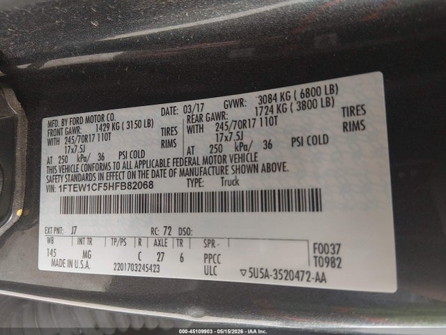 Aukcja sprzedaży 2017 Ford F-150 Xlt, vin: 1FTEW1CF5HFB82068, numer aukcji: 45109903