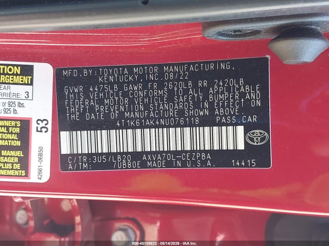 4T1K61AK4NU076118 Toyota CAMRY XSE