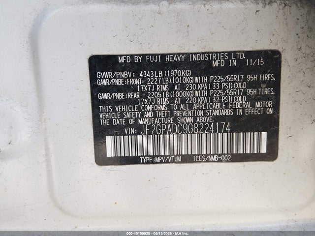 2016 Subaru Crosstrek 2.0i Premium მანქანა იყიდება აუქციონზე, vin: JF2GPADC9G8224174, აუქციონის ნომერი: 45109925