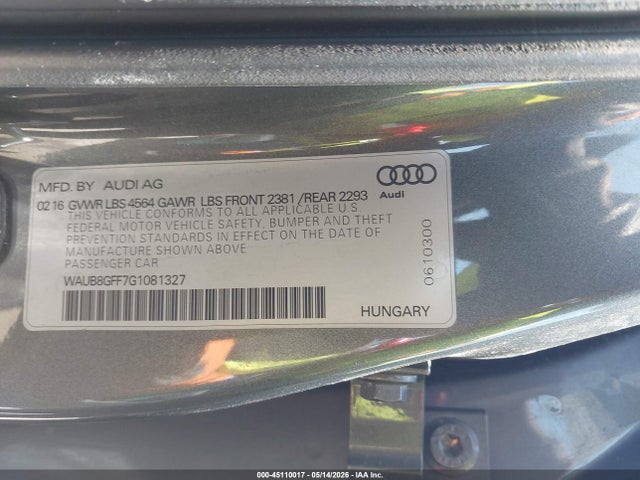 2016 Audi A3 2.0t Premium მანქანა იყიდება აუქციონზე, vin: WAUB8GFF7G1081327, აუქციონის ნომერი: 45110017