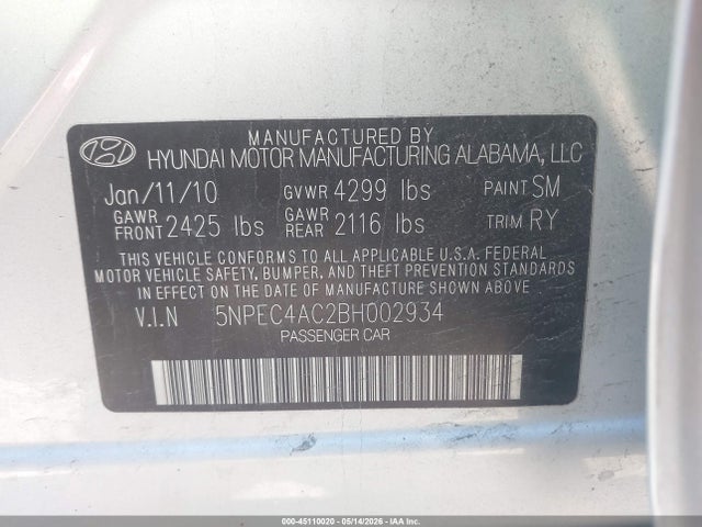 Aukcja sprzedaży 2011 Hyundai Sonata Limited, vin: 5NPEC4AC2BH002934, numer aukcji: 45110020