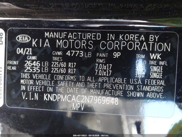 Aukcja sprzedaży 2022 Kia Sportage Lx, vin: KNDPMCAC2N7969648, numer aukcji: 45110023