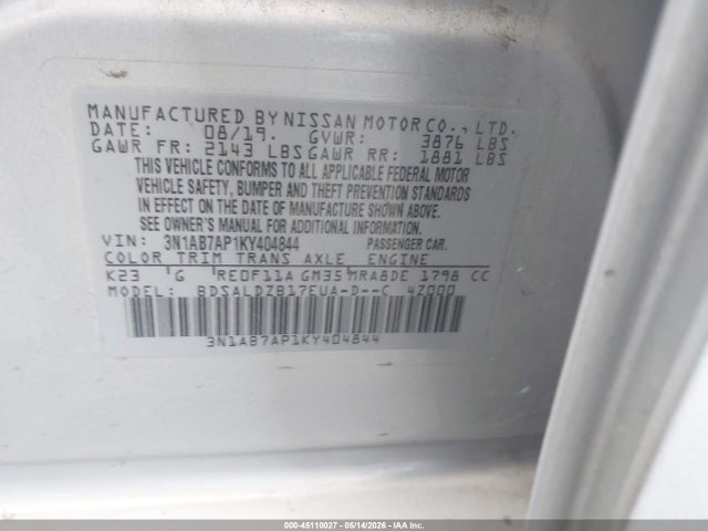 Продажа на аукционе авто 2019 Nissan Sentra Sv, vin: 3N1AB7AP1KY404844, номер лота: 45110027