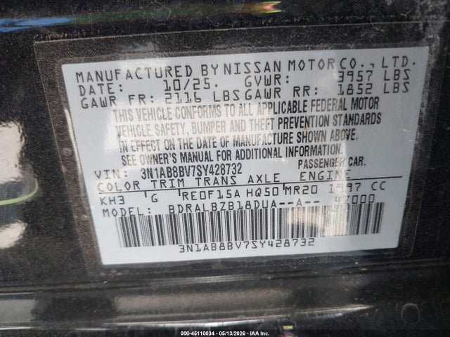Aukcja sprzedaży 2025 Nissan Sentra S, vin: 3N1AB8BV7SY428732, numer aukcji: 45110034