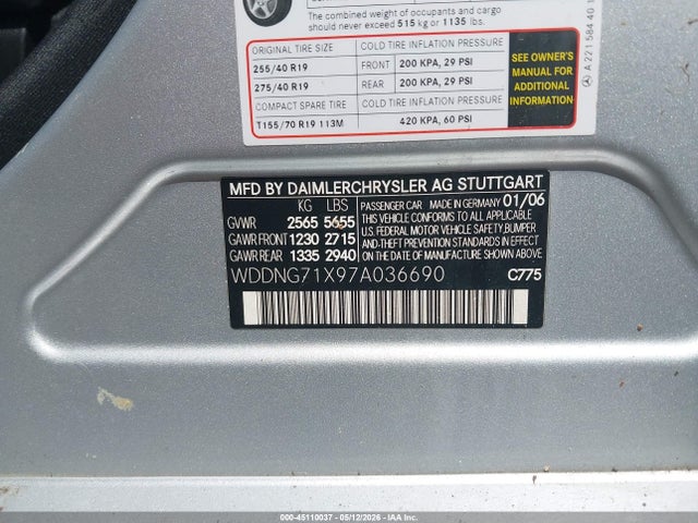 Aukcja sprzedaży 2007 Mercedes-benz S 550, vin: WDDNG71X97A036690, numer aukcji: 45110037