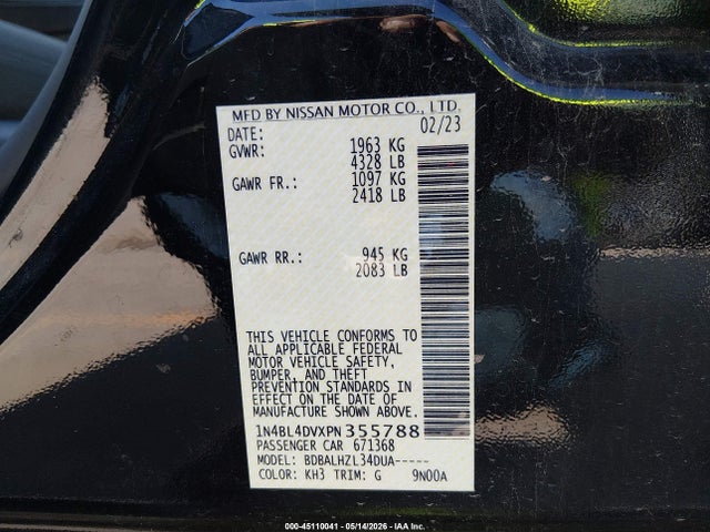 2023 Nissan Altima Sv Fwd მანქანა იყიდება აუქციონზე, vin: 1N4BL4DVXPN355788, აუქციონის ნომერი: 45110041