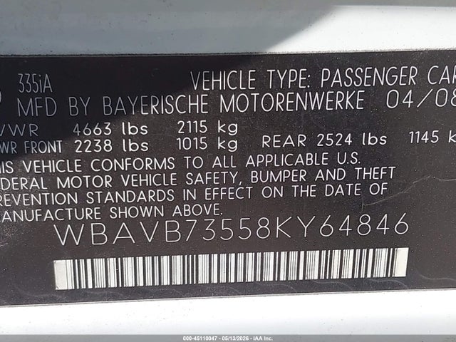 Продажа на аукционе авто 2008 Bmw 335i, vin: WBAVB73558KY64846, номер лота: 45110047