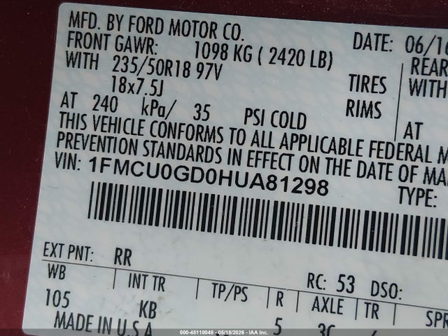 Aukcja sprzedaży 2017 Ford Escape Se, vin: 1FMCU0GD0HUA81298, numer aukcji: 45110048