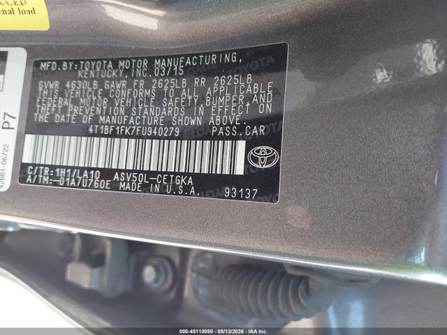 Продажа на аукционе авто 2015 Toyota Camry Xle, vin: 4T1BF1FK7FU940279, номер лота: 45110050