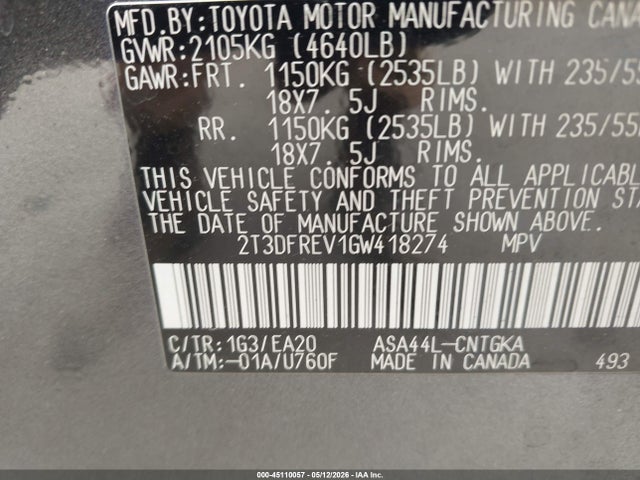 2T3DFREV1GW418274 Toyota Rav4 Limited