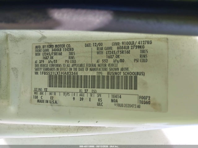45110068 :رقم المزاد ، 1FBSS31LX1HA83344 vin ، 2001 Ford E-350 Super Duty Xl/xlt مزاد بيع