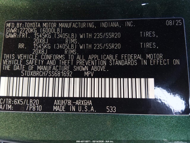 5TDXBRCH7SS681692 Toyota Highlander Hybrid Limited