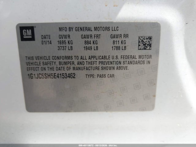 45110072 :رقم المزاد ، 1G1JC5SH5E4153462 vin ، 2014 Chevrolet Sonic Lt Auto مزاد بيع