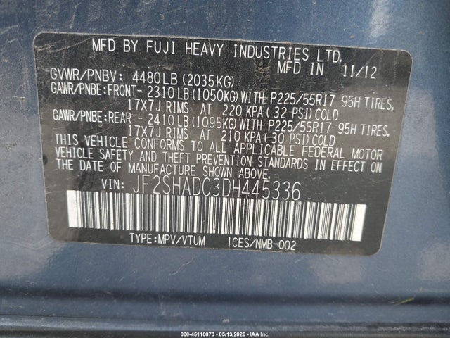 2013 Subaru Forester 2.5x Premium მანქანა იყიდება აუქციონზე, vin: JF2SHADC3DH445336, აუქციონის ნომერი: 45110073