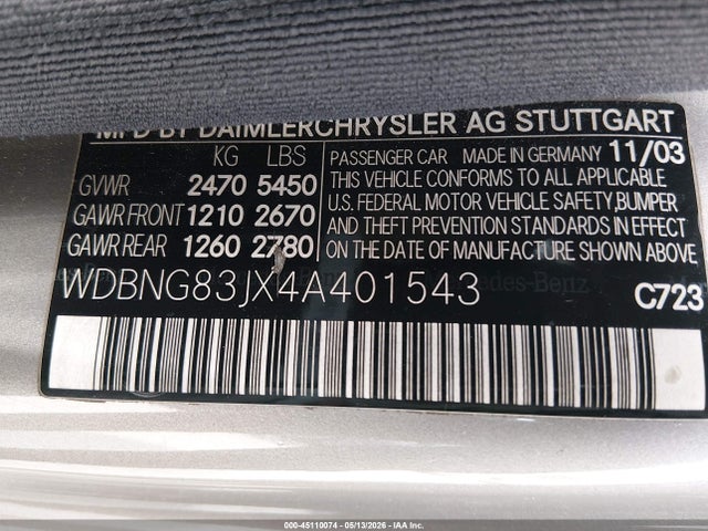 Aukcja sprzedaży 2004 Mercedes-benz S 430 4matic, vin: WDBNG83JX4A401543, numer aukcji: 45110074