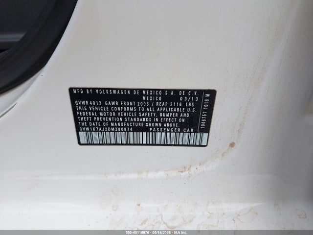 Продаж на аукціоні авто 2013 Volkswagen Jetta 2.0l S, vin: 3VW1K7AJ2DM280874, номер лоту: 45110076