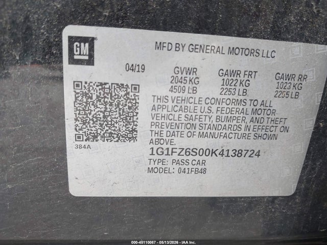 Auction sale of the 2019 Chevrolet Bolt Ev Premier, vin: 1G1FZ6S00K4138724, lot number: 45110087