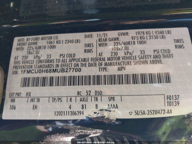 Aukcja sprzedaży 2021 Ford Escape Sel, vin: 1FMCU0H68MUB27700, numer aukcji: 45110088