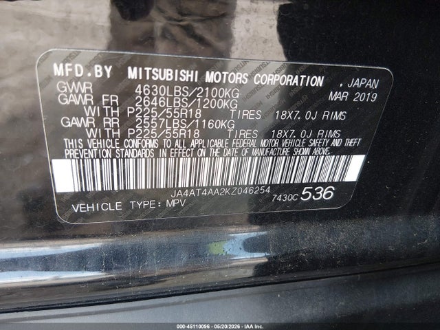 45110096 :رقم المزاد ، JA4AT4AA2KZ046254 vin ، 2019 Mitsubishi Eclipse Cross Le/se/sp مزاد بيع