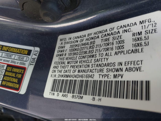 45110101 :رقم المزاد ، 2HKRM4H34DH616942 vin ، 2013 Honda Cr-v Lx مزاد بيع