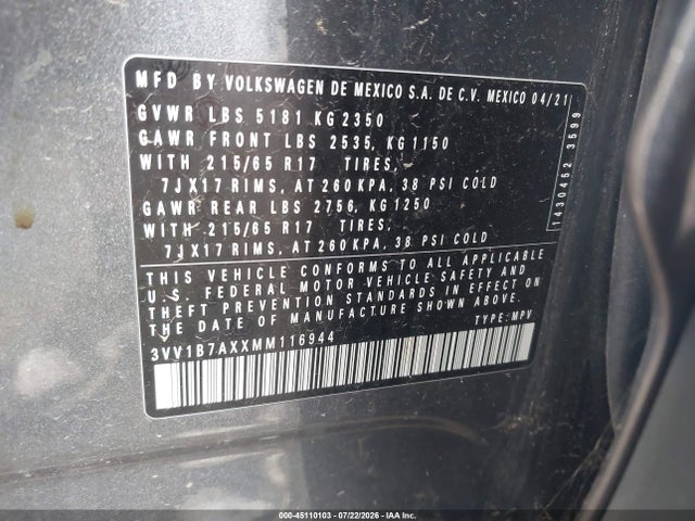 45110103 :رقم المزاد ، 3VV1B7AXXMM116944 vin ، 2021 Volkswagen Tiguan Trendline مزاد بيع