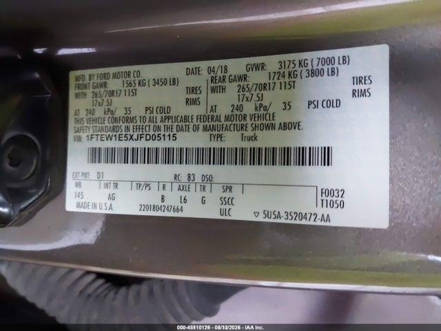 Aukcja sprzedaży 2018 Ford F-150 Xl, vin: 1FTEW1E5XJFD05115, numer aukcji: 45110126