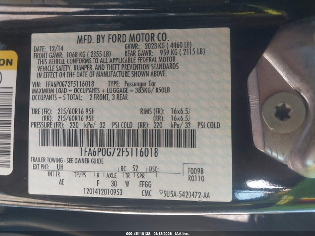 Ford FUSION S 2015 1FA6P0G72F5116018 Image 9