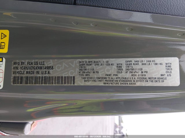 Aukcja sprzedaży 2022 Jeep Wrangler Unlimited Sport S 4x4, vin: 1C4HJXDGXNW149858, numer aukcji: 45110155