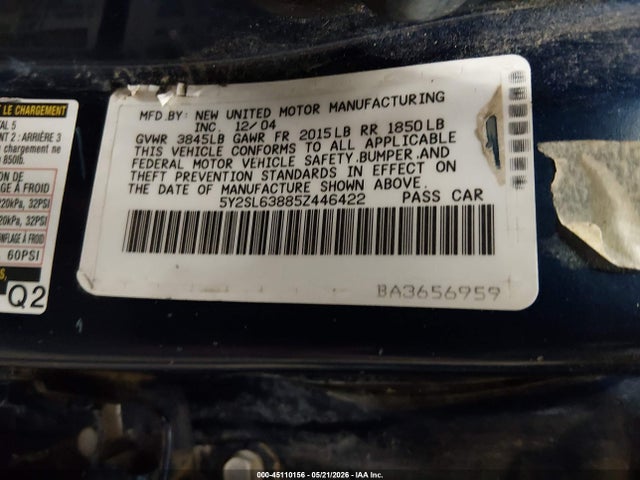 45110156 :رقم المزاد ، 5Y2SL63885Z446422 vin ، 2005 Pontiac Vibe مزاد بيع