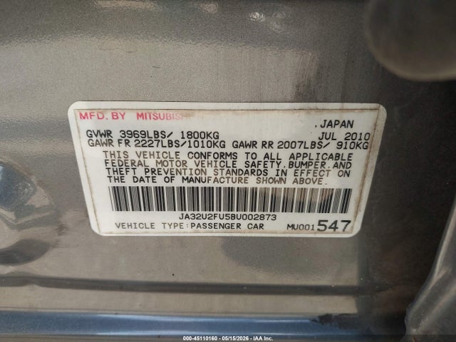 2011 Mitsubishi Lancer Es მანქანა იყიდება აუქციონზე, vin: JA32U2FU5BU002873, აუქციონის ნომერი: 45110160