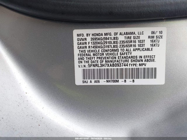 Продаж на аукціоні авто 2010 Honda Odyssey Ex-l, vin: 5FNRL3H7XAB093744, номер лоту: 45110167