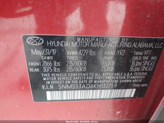 Hyundai Santa Fe Limited 2019 5NMS53AD6KH132759 Image 9