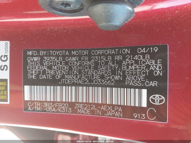 Продажа на аукционе авто 2020 Toyota Corolla Le, vin: JTDEPRAE2LJ033662, номер лота: 45110178