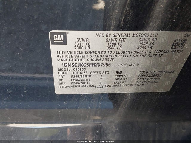Продаж на аукціоні авто 2015 Chevrolet Suburban 1500 Lt, vin: 1GNSCJKC5FR297985, номер лоту: 45110182